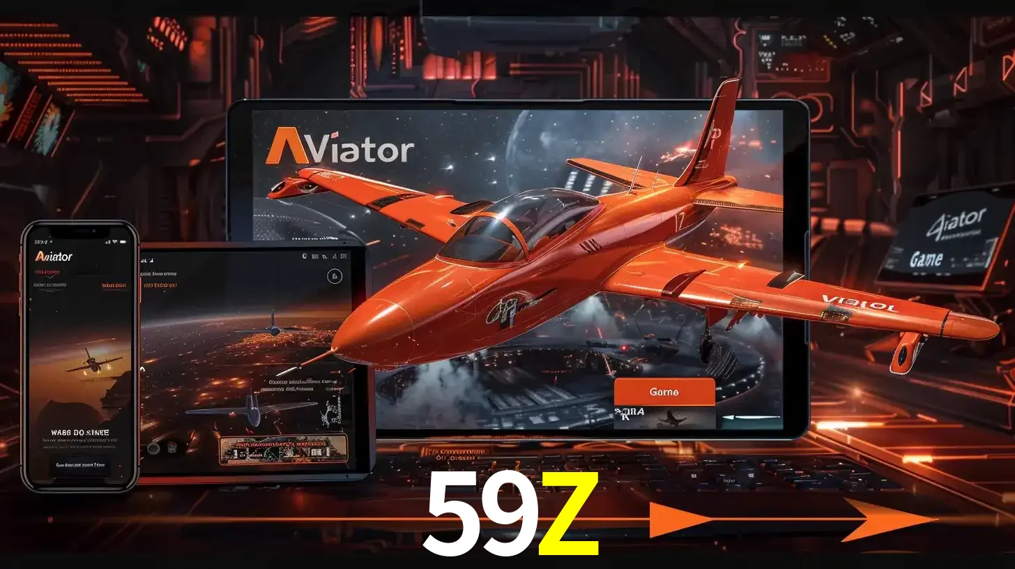 Apresentação tecnológica do jogo Aviator com um avião saindo da tela de um tablet, demonstrando a experiência imersiva em múltiplos dispositivos no 59Z.