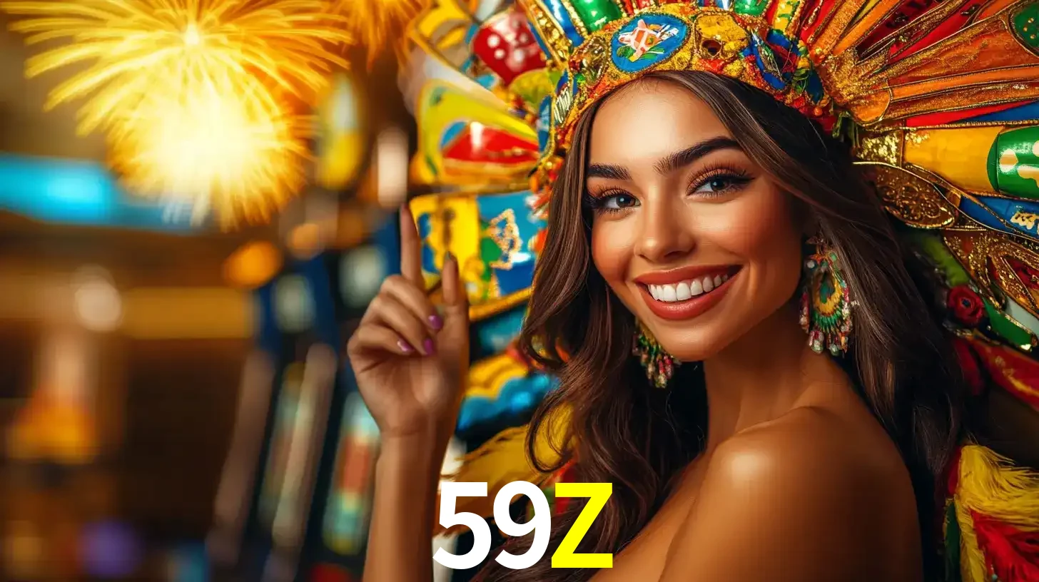 Mulher sorridente com um cocar de carnaval vibrante e colorido, celebrando uma grande vitória nos jogos do cassino 59Z com fogos de artifício ao fundo.