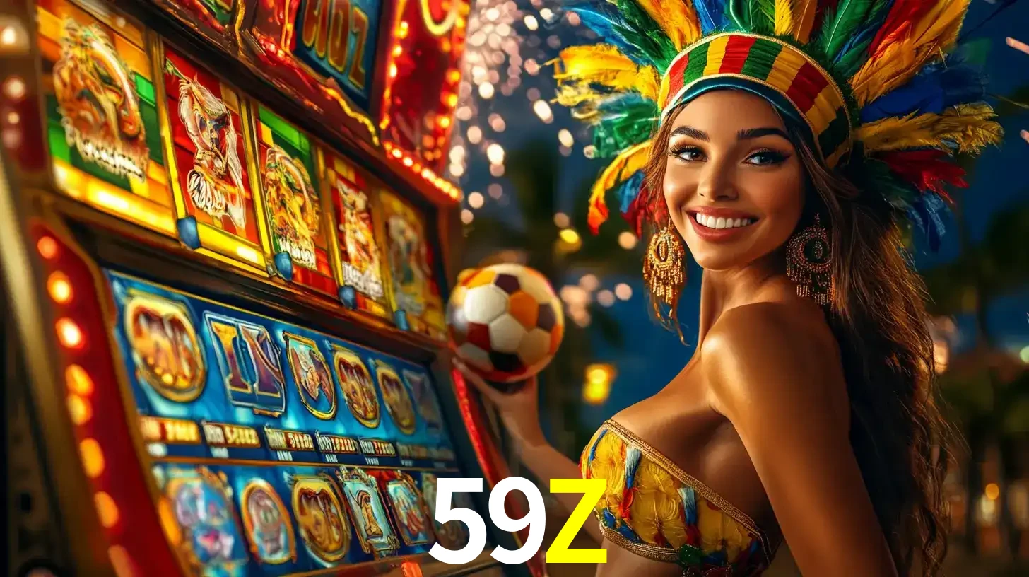 Mulher com um cocar de carnaval ao lado de uma máquina de caça-níqueis enquanto segura uma bola de futebol, mostrando a união da diversão de cassino e esportes no 59Z.