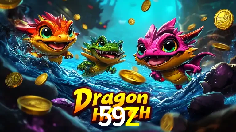 Arte promocional do jogo Dragon Hatch com três adoráveis dragões bebês nadando entre moedas de ouro, um dos slots mais divertidos para jogar no cassino 59Z.