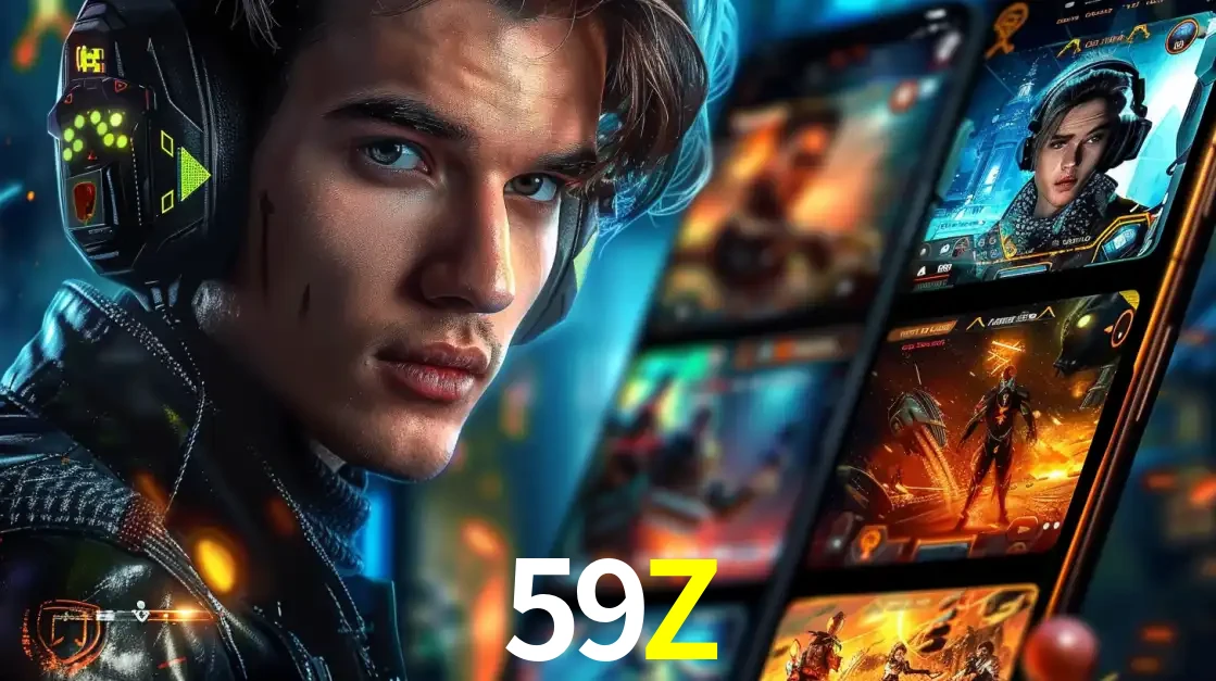 Jovem jogador com fones de ouvido olhando para a câmera, com um aplicativo de jogos e e-sports para celular ao fundo, pronto para a competição e apostas no 59Z.