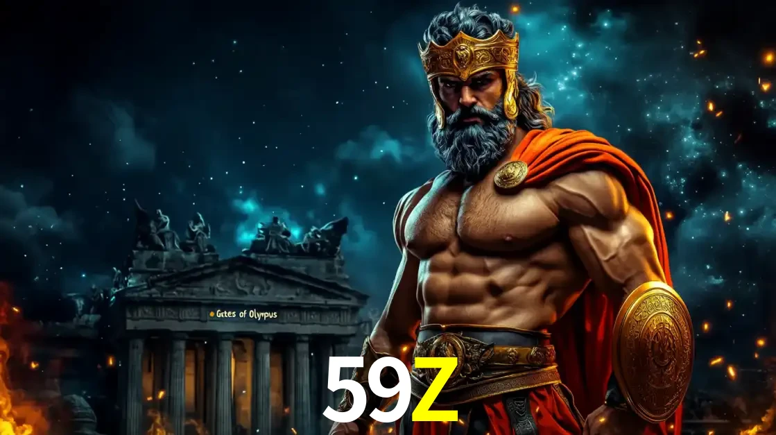 O poderoso Zeus do jogo de slot Gates of Olympus em frente ao seu templo, pronto para lançar multiplicadores divinos e prêmios épicos no cassino online 59Z.