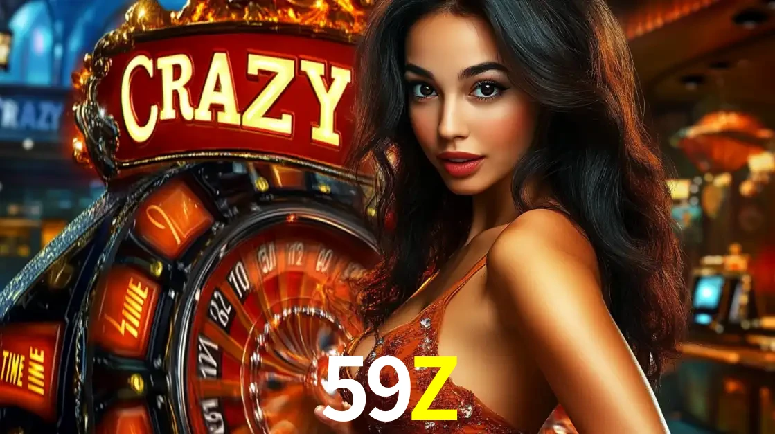 Mulher glamourosa olhando para a câmera com a roda vermelha do Crazy Time ao fundo em um ambiente de cassino, destacando a emoção dos jogos ao vivo no 59Z.
