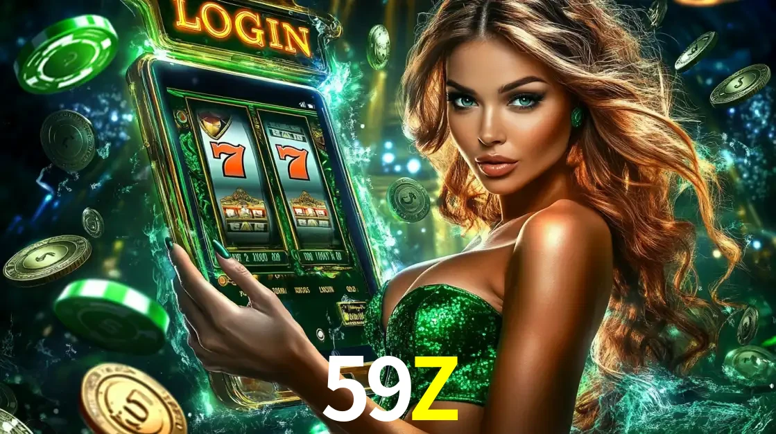 Mulher com tema verde apresentando o aplicativo do cassino 59Z com um jogo de slot de 777, cercada por fichas de cassino e uma aura de sorte.