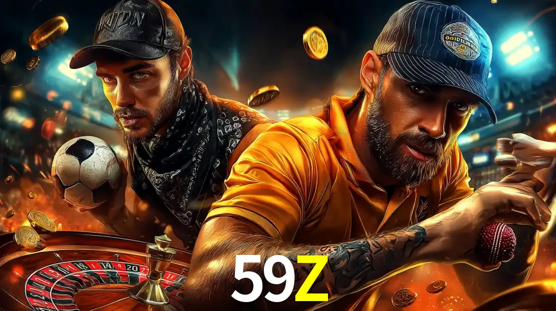 Montagem de apostas esportivas e cassino no 59Z, com um homem segurando uma bola de futebol e outro uma de beisebol sobre uma roleta e moedas voadoras.