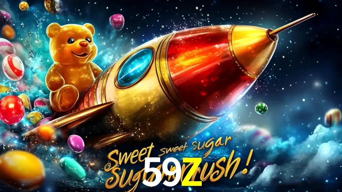 Arte promocional do jogo de slot Sugar Rush, com um urso de pelúcia em um foguete viajando pelo espaço de doces, um dos jogos divertidos disponíveis no cassino 59Z.