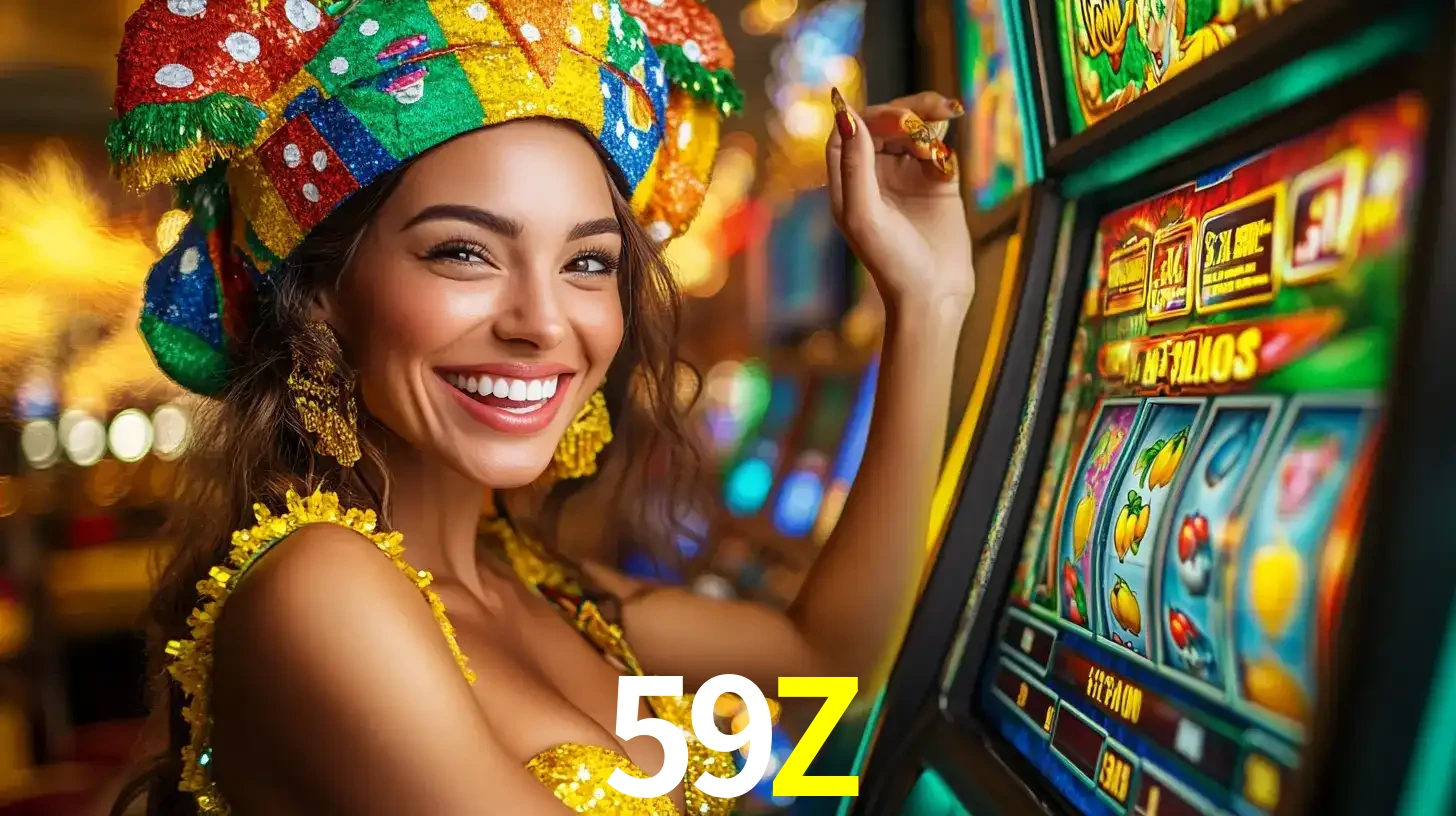 Mulher feliz com traje de carnaval amarelo e colorido ao lado de uma máquina de caça-níqueis, aproveitando a diversão e os jogos temáticos do cassino 59Z.