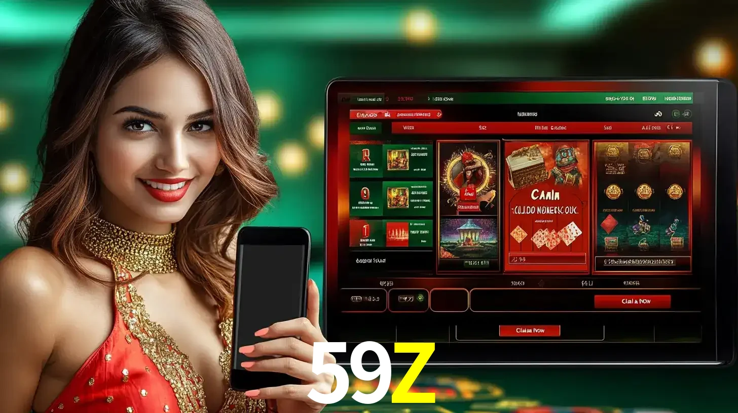 Mulher sorridente segurando um smartphone, ao lado de uma tela exibindo o lobby de jogos do cassino online 59Z, com várias opções de jogos de cartas e slots.